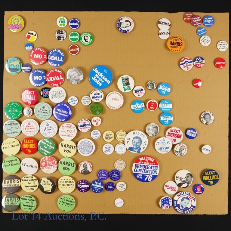 Various Presidential Campaign Items (Approx. 100): Approximately 100 various United States presidential campaign items on card board. Includes ---Fred Harris '76, ---Udall '76, --Bayh, ---Jackson, ---Carter, ---Shriver, ---Frank Church, ---Brown, ---W