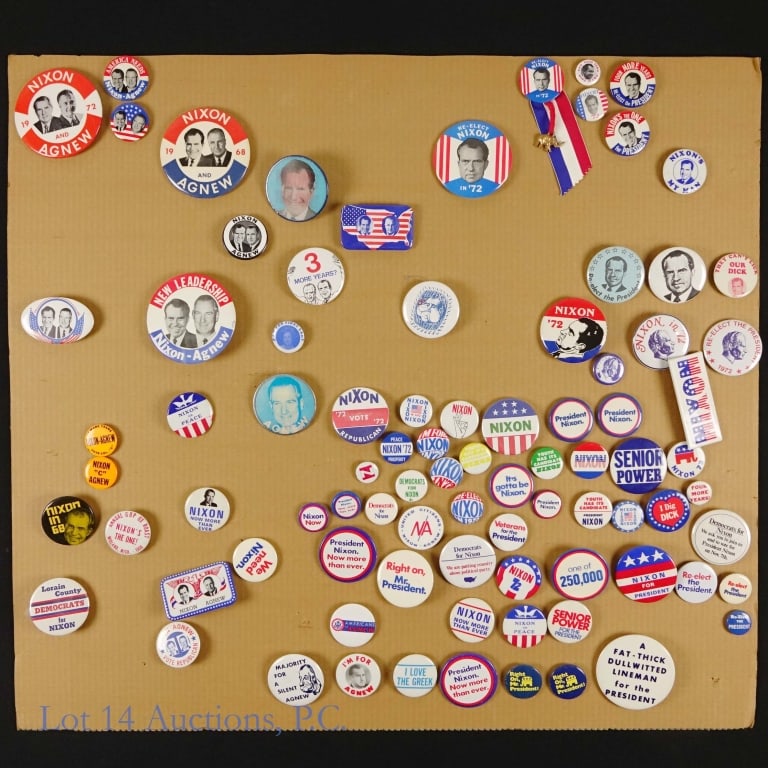 US Richard Nixon Presidential Campaign Items (+80): Over eighty (80+) United States Richard Nixon presidential campaign items. From APIC member estate. ***Lot 14 Auctions is not a professional political items grading agency. Consigner descriptions are 