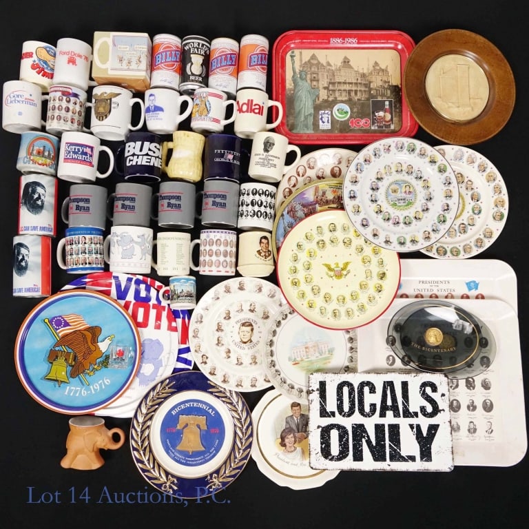 Political Coffee Cups, Platters LOCAL ONLY: Political Coffee Cups, Platters LOCAL ONLY. LOCAL PICK UP ONLY!!! Collection of over 40 political and bicentennial coffee cups, plates and platters. Items show wear and tear consistent with age and