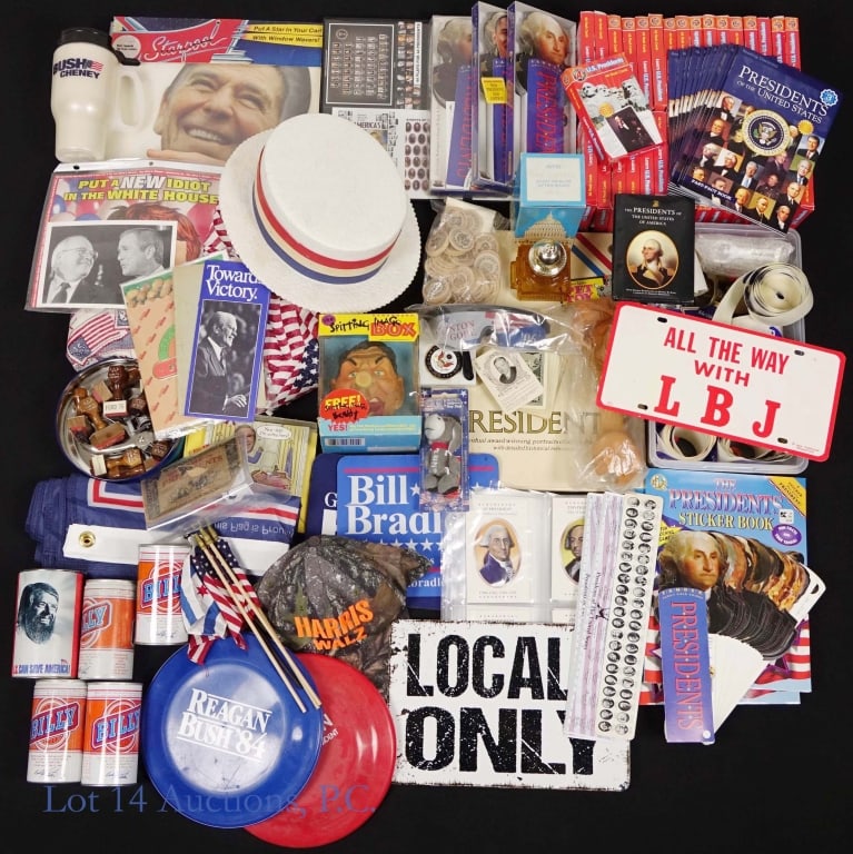 Presidential and Campaign Lot LOCAL ONLY: Presidential and Campaign Lot LOCAL ONLY. LOCAL PICK UP ONLY! Large lot of Presidential and Campaign paraphenalia. Some items of note include: Wooden Nickels; The Game of Presidents (box collapsed