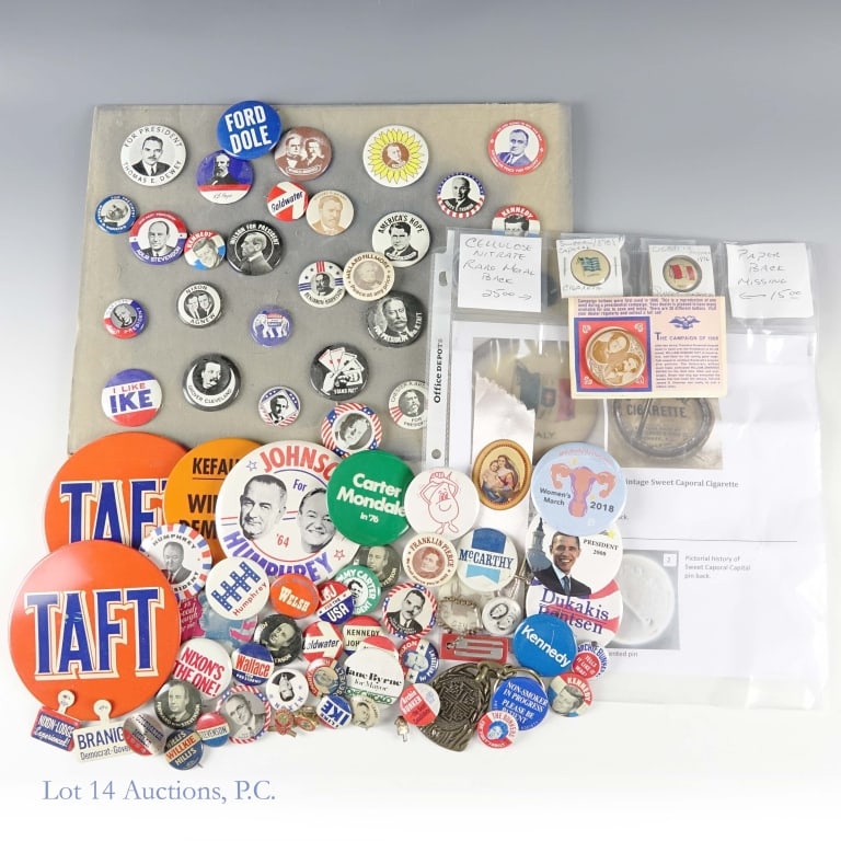 Various American Political Items (40+): Over 40+ large assortment of various American political items. Lot includes antique Whitman's salmagundi hinged metal box (approximate dimensions 8.25" x 7" x 2.5"). ***Lot 14 Auctions is not a