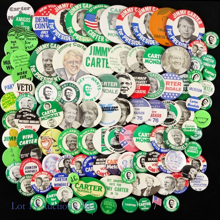 US Jimmy Carter & Other Political Items (120+): Over 120+ Mostly Jimmy Carter presidential campaign political items. From APIC member estate. ***Lot 14 Auctions is not a professional political items grading agency. Consigner descriptions are
