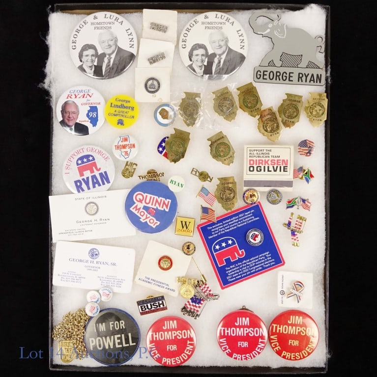 Various IL Gov. George Ryan Political Items (50+): Over fifty (50+) various United States political items, some reportedly worn by former Illinois Governor George Ryan in glass frame display box (12" x 16"). Includes items of George Ryan, Jim