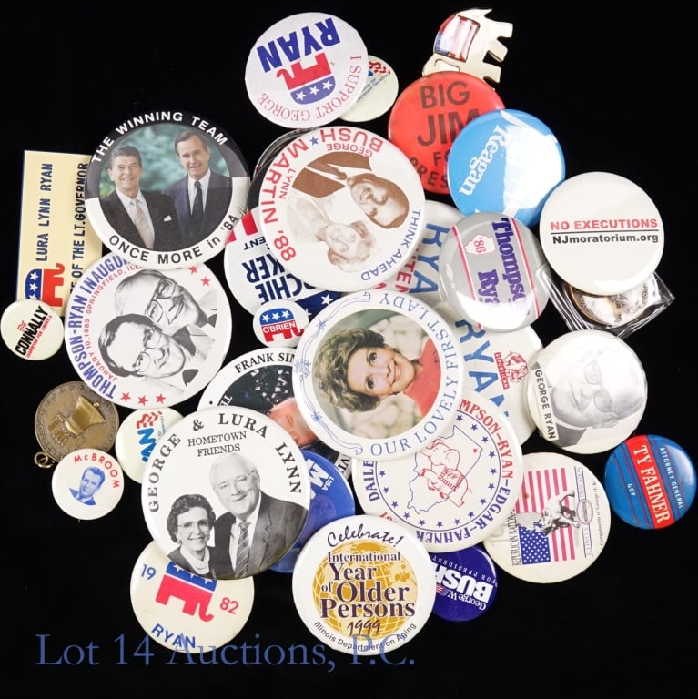 Political Campaign Pins And Tokens: Assortment of 33 campaign pins plus two campaign tokens from the estate for former Illinois Governor George Ryan. The pins and tokens are primaril from campaigns held n Illinois with a small number