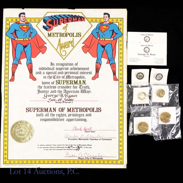 Superman Metropolis Certificate + George Ryan Pins: From the estate of George H. Ryan. "Superman of Metropolis Award" certificate (1972 National Periodical Publications, Inc copyright), naming George H. Ryan Secretary of State of Illinois as a