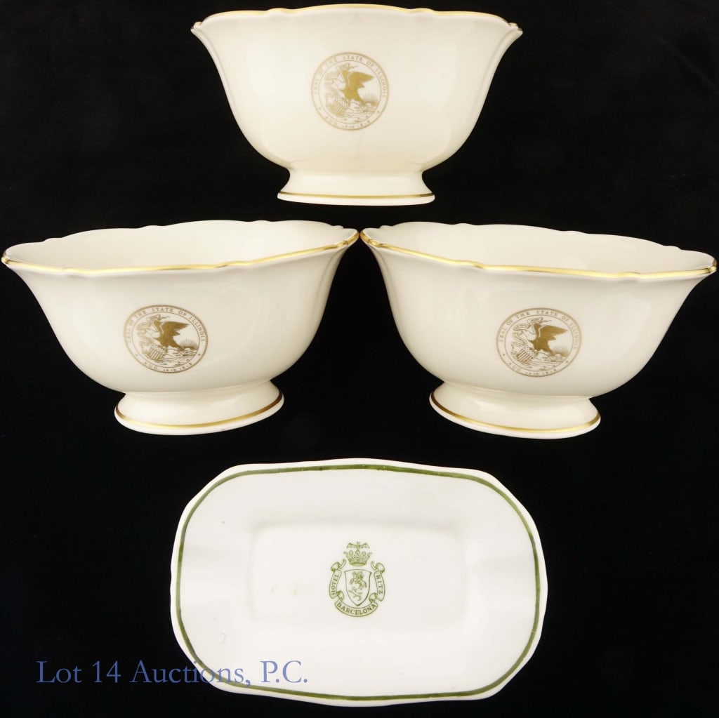 Pickard Governors Bowls (3) & Grife & Escoda Tray: From the estate of George H. Ryan. Three (3) footed gold rimmed porcelain bowls (approximately 2.75" tall, diameter 5.5"). One side with the seal of the State of Illinois in gold, and on the other