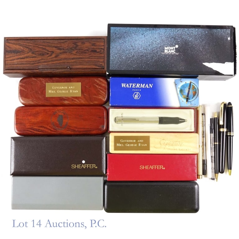 Pen Collection - Estate Of Former IL Gov Geo Ryan: Collection of various ball point type pens from the estate of former Illinois Governor George Ryan. This collection includes a gold electroplated Sheaffer pen *** a black matte Sheaffer pen and