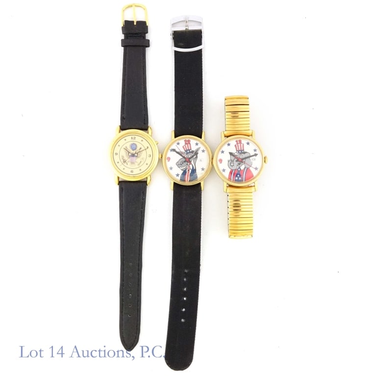 Political Caricature Watches (3): Three watches from the estate of former Illinois Governor George Ryan. There is one watch with a caricature of a donkey, one with a caricature of an elephant, and one with a seal of the United States