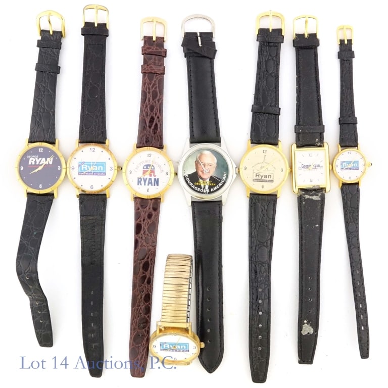 IL Gov George Ryan Campaign Watches (8): Collection of eight older watches from George Ryan's campaign for Secretary of State and Illinois Governor. All eight watches exhibit some light wear on the crystal. The wrist bands on all eight
