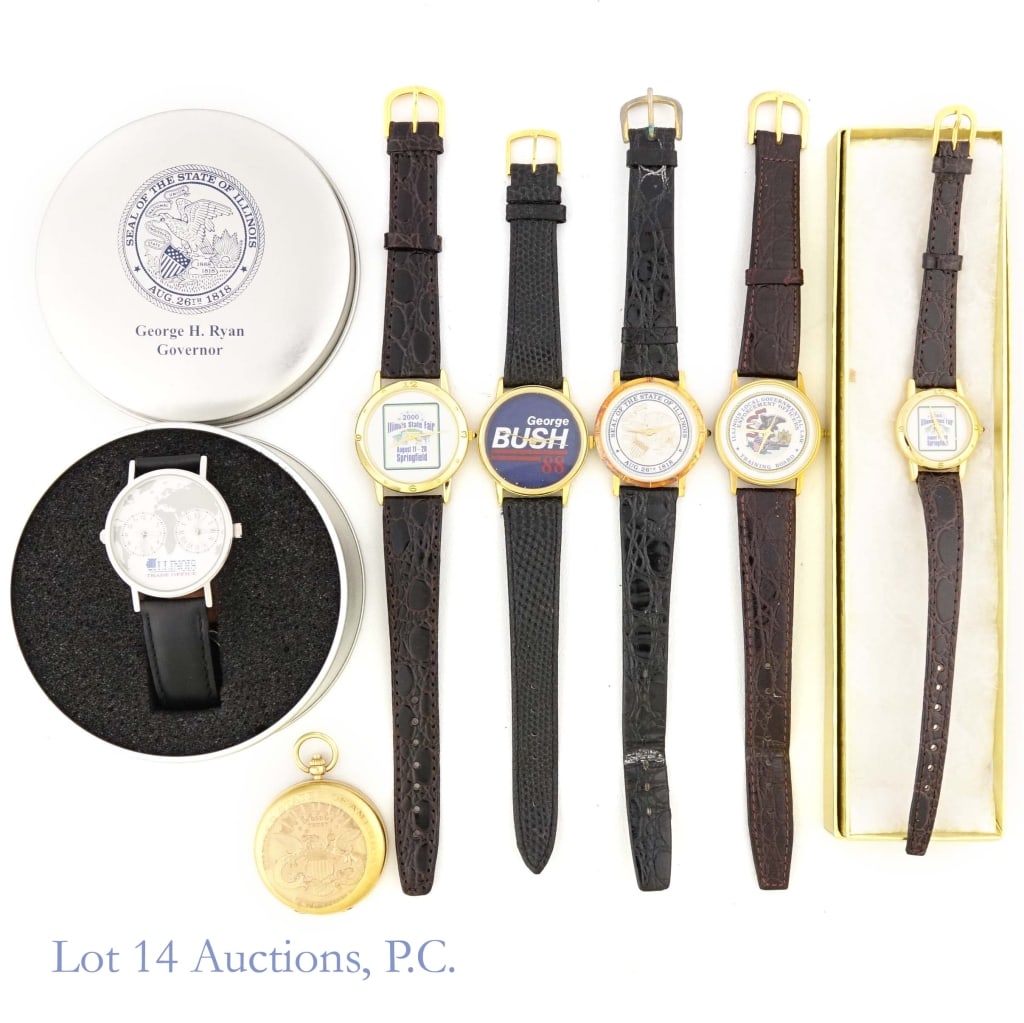 Illinois State & Federal Novelty Watches (7): Collection of six watches from the estate of former Illinois Governor George Ryan. This collection includes one men's and one women's watch from the 2000 Illinois State Fair *** one watch with the
