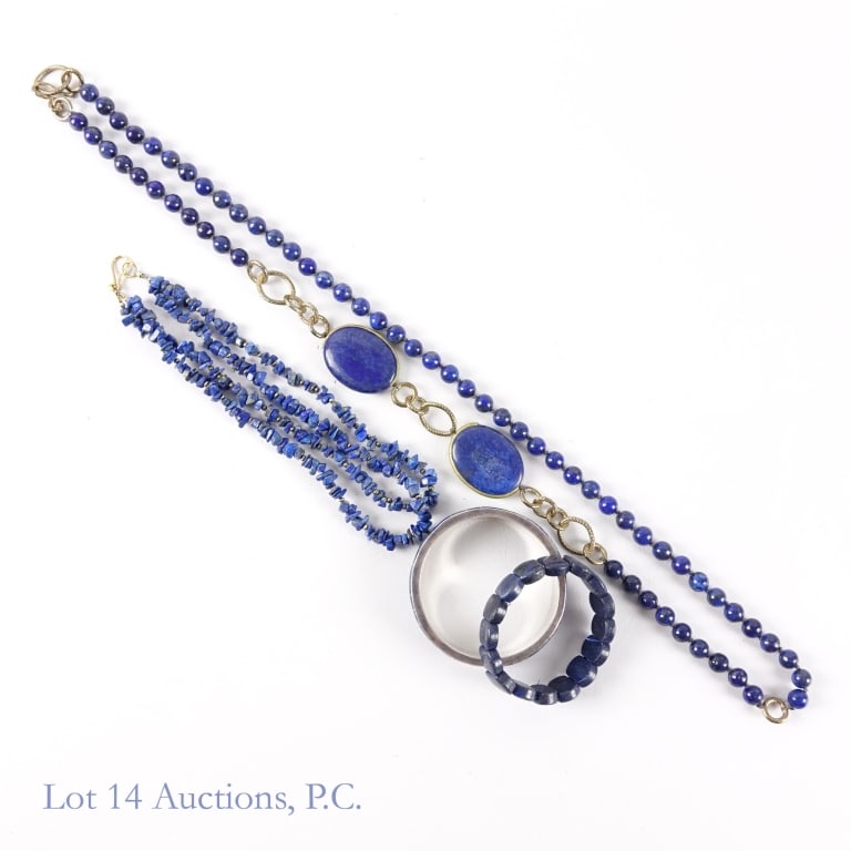 Lapis Lazuli Jewelry Including Sterling Bangle: Sterling silver bangle with lapis lazuli inlay. 0.75" wide, 8" diameter, weight approximately 57.8 g - 1.86 ozt *** expandable stretchy lapis lazuli bracelet *** Two strand lapis lazuli necklace,