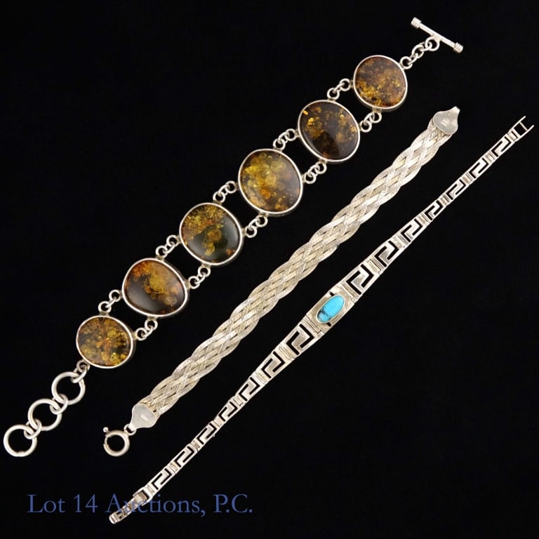 Three Sterling Silver Bracelets: Three sterling silver bracelets. Total weight is approximately 64.98g or 2.08 troy oz.
