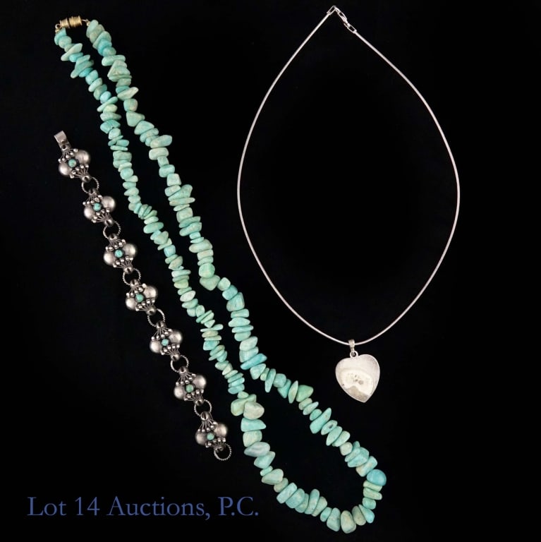 Sterling Bracelet & Necklace, Turquoise Necklace: Vintage Mexican Taxco style sterling silver bracelet with small turquoise stones. Approximately 7" length and 18.9 g - 0.6 ozt weight *** Italian sterling silver necklace with heart shaped pendant.