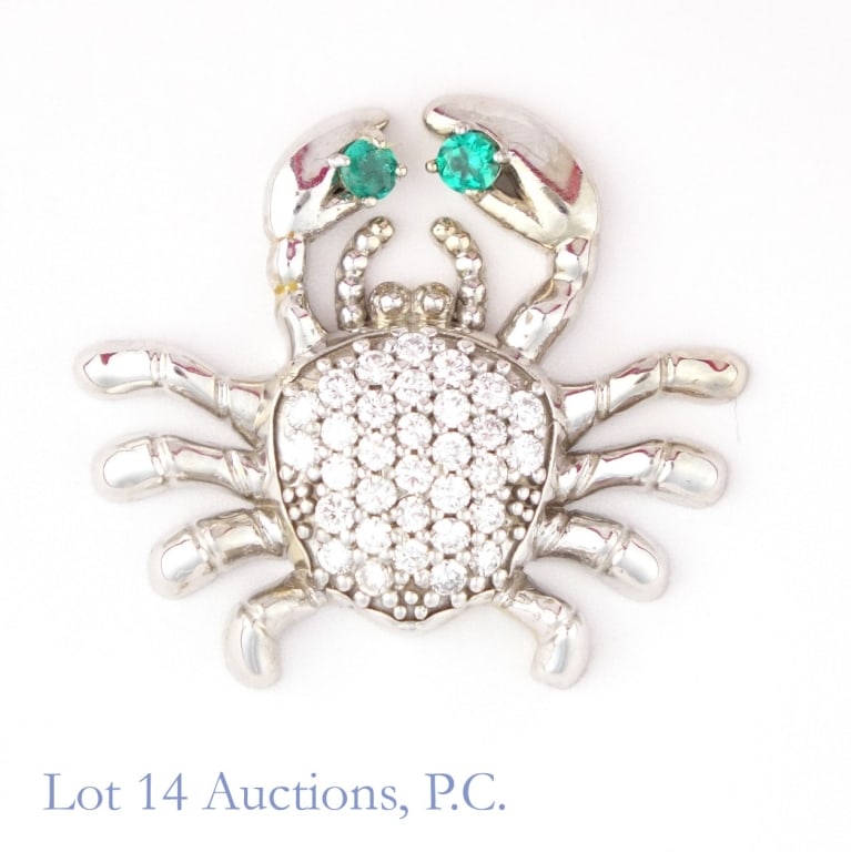 Rogers & Hollands 14k W Gold Crab Pin: Small pin shaped like a crab from Rogers & Hollands Jewelers, made from 14k white gold. The white stones on the crab's back electronically tested as ruby or sapphire, and the green stones in its