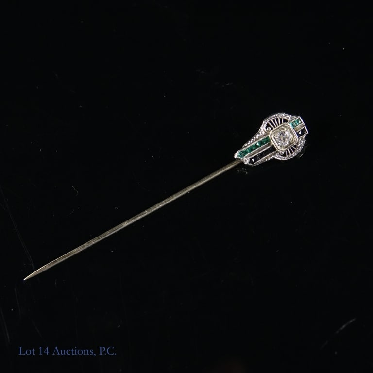 18k White Gold Vintage Hat Pin w/ Diamond: Vintage hat pin made from 18k white gold, decorated with one 3.5mm diamond and several small black and green stones. Weighs approximately 1.78g or 0.05 troy oz.