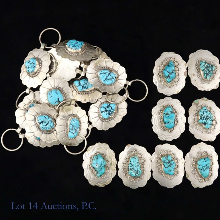 Navajo Style Turquoise Concho & Linked Concho Belt: Eight Navajo style Concho with turquoise stones *** Navajo style belt consisting of twelve (12) linked Concho with turquoise stones.