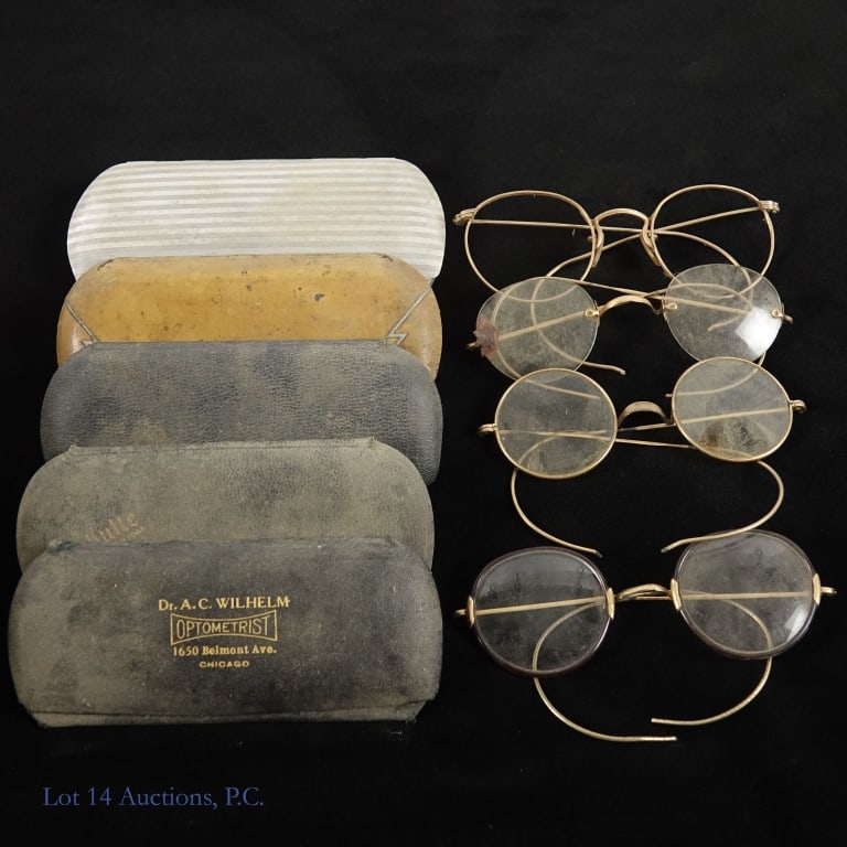Vintage Eye Glasses Lot: Four pairs of vintage eye glasses in original cases. One of the pairs broken *** Four pairs of vintage eye glasses without cases *** One empty vintage eye glasses case.