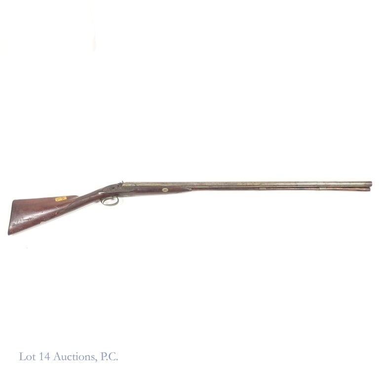 Authentic English Manton Double Barrel Shotgun: Authentic English Manton 19th century double barrel 12 gauge shotgun. Manton engraved on lock plates. Birmingham proof marks on the underside of the barrels. Both hammers missing and lock plates are l