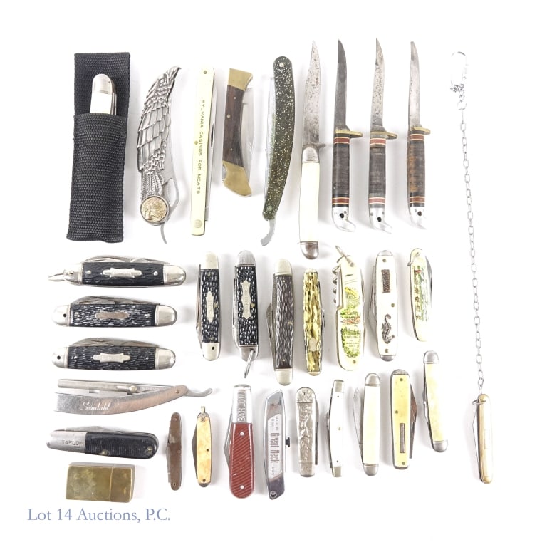 Vintage Pocket Knives And Straight Razors: Four (4) fixed blade knives - Hammer and Western *** Two (2) straight razors - Sandahl and E. Weck with the Gillette brass box of razors *** Twenty five (25) various folding pocket knives - Imperial, 
