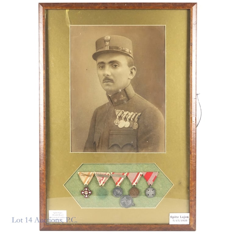 WWI Austria-Hungary Empire Medals & Soldier Photo: Framed set of World War I medals / decorations from the Austro-Hungarian Empire, with a picture of the recipient soldier. Medals / decorations: Military Merit Cross (we believe 3rd class) with crossed