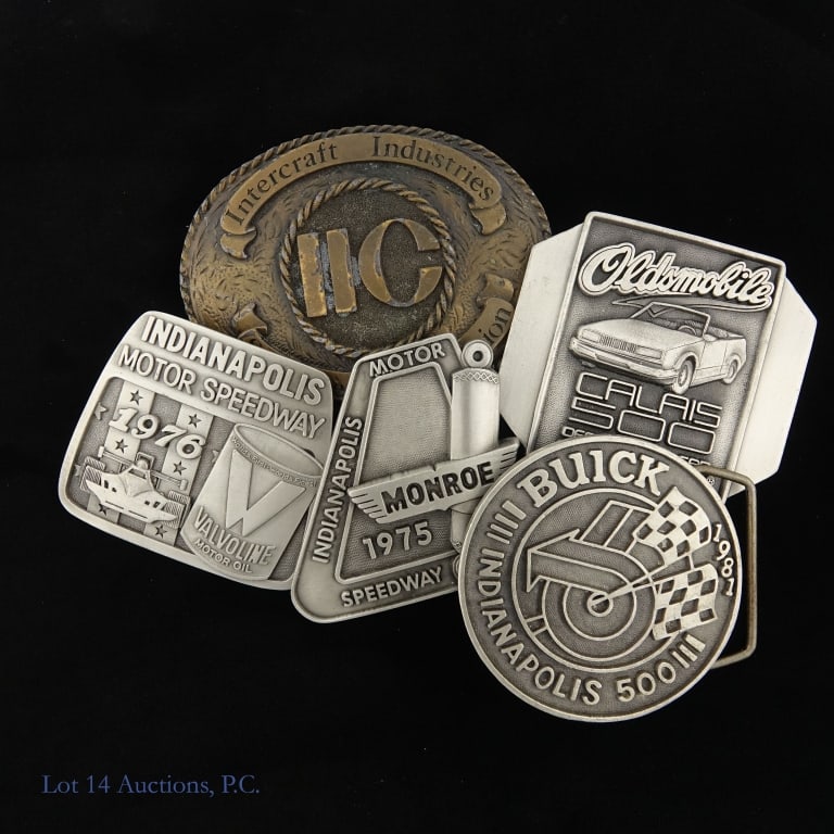 Indianapolis 500 Limited Edition Belt Buckles: Four (4) Indianapolis limited edition belt buckles - 1975 Monroe, 1976 Valvoline, 1981 Buick, and 1985 Oldsmobile Calais 500. All four are 474/500 *** Lot also includes 1982 Intercraft Industries Sout