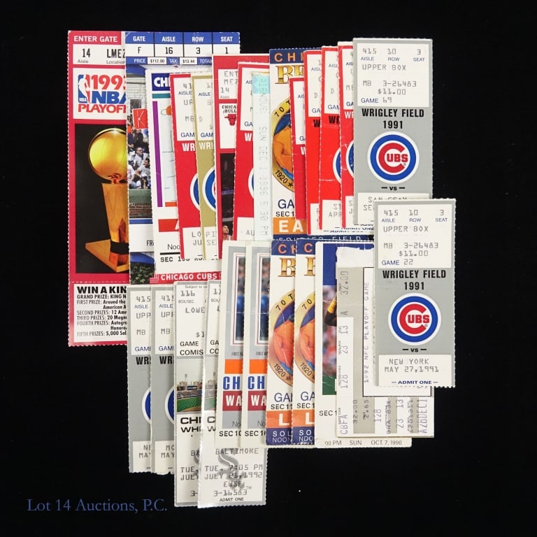 Bears, Cubs, Bulls Ticket Stubs (22): Assortment of 22 ticket stubs from past Chicago Cubs, Chicago Bears, and Chicago Bulls games. There is one ticket from the 1993 NBA Playoffs game played at the old Chicago Stadium. The remaining ticke