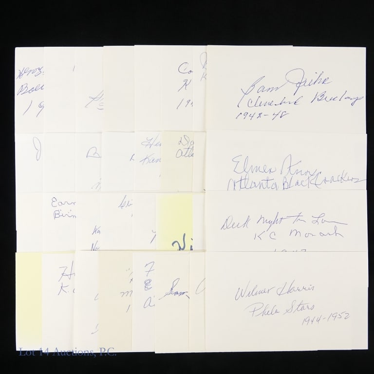 Negro League Player Autographs (32 Index Cards): Thirty-two (32) index cards signed by former players of the Negro Leagues. Per consigner all of these autographs were obtained in person, but there are no COAs. Includes the following: Henry "Bud"