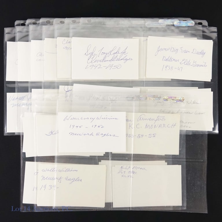 52 Index Cards Signed By Negro League Players: Nine binder pages containing fifty two index cards that have been signed by former Negro League players. Players in this collection include Vernell Jackson *** Cecil Kaiser *** Carl Long *** Clarence