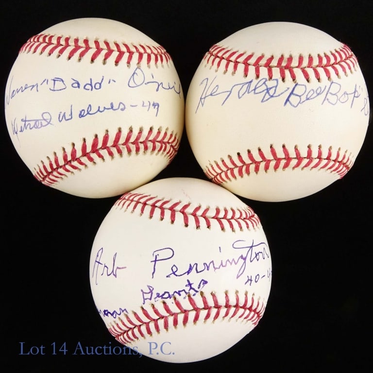 Negro League Signed Baseballs (3): *** Per the consigner, these autographs were all gathered in person. There are no COAs. *** Three (3) baseballs signed by former players of the Negro Leagues: Allen H. Selig OMLB baseball signed on