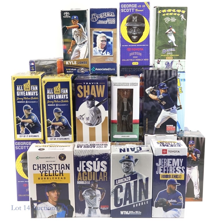 Milwaukee Brewers SGA Bobbleheads (26 + 2): 26 Milwaukee Brewers Stadium Give-Away (SGA) collectible bobbleheads. All in original box which all show varying degrees of wear and age (notes included in further description): 2009: Jason Kendall * 