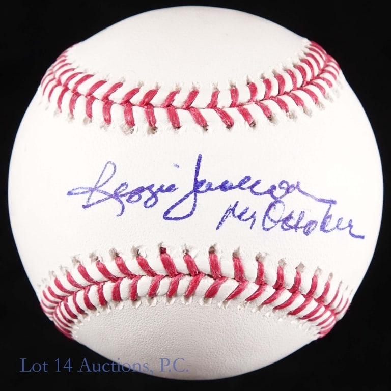 Reggie Jackson "Mr. October" Signed Baseball W/COA: Official Major League (Manfred) baseball signed across the sweet spot by Reggie Jackson. Jackson signed with a blue pen and added the inscription "Mr. October". The ball retains a nice white color