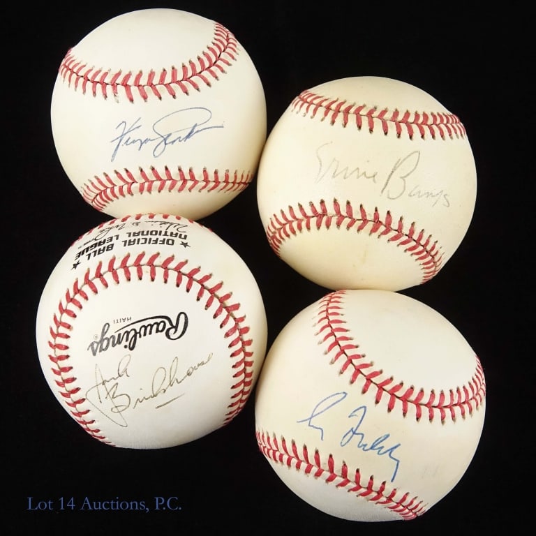Cubs HOF Legends Signed Baseballs (4): Four baseballs signed by some of the most legendary names in Chicago Cubs history. This collection includes an ONL (Coleman) ball signed on the sweet spot by Greg Maddux (this ball has a JSA sticker A