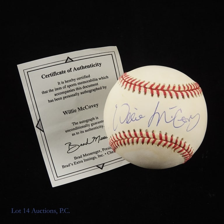 Willie McCovey Signed Baseball: ONL (White) baseball signed across the sweet spot by Willie McCovey. McCovey signed with a blue ballpoint pen. The signature is very strong and shows nicely. The vintage ONL ball has a soft off white
