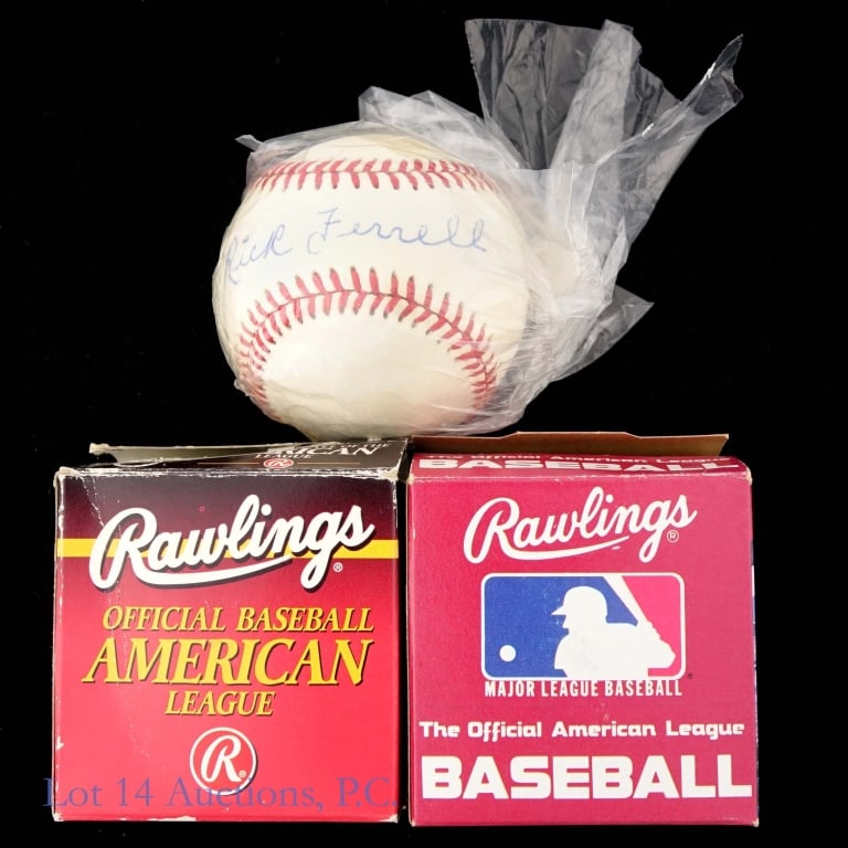 Doerr, Ferrell, Sievers Signed Baseballs: Three (3) signed baseballs. No COAs. Gene A. Budig official American League baseball signed on the sweetspot in blue ballpoint ink by Bobby Doerr (inscribed "HOF 86"). Very light toning. **** Bobby Br