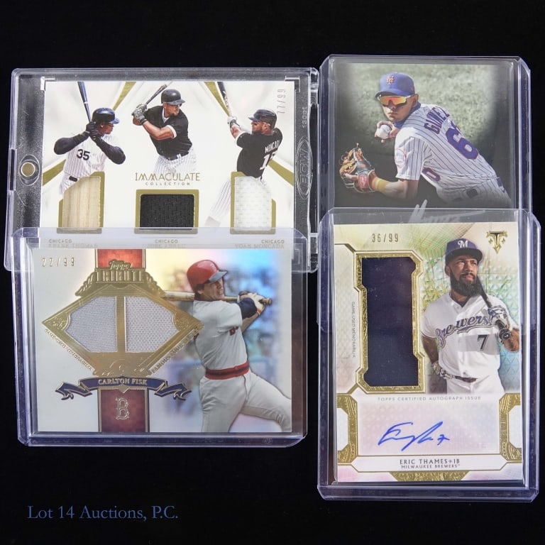 Insert Baseball Cards (4): Four (4) insert baseball cards: 2017 Panini Immaculate Collection Baseball #ITP-TAM (77/99) Frank Thomas (bat), Jose Abreu (jersey), Yoan Moncada (jersey) ***** 2013 Topps Tribute #FB-CFI Carlton Fisk