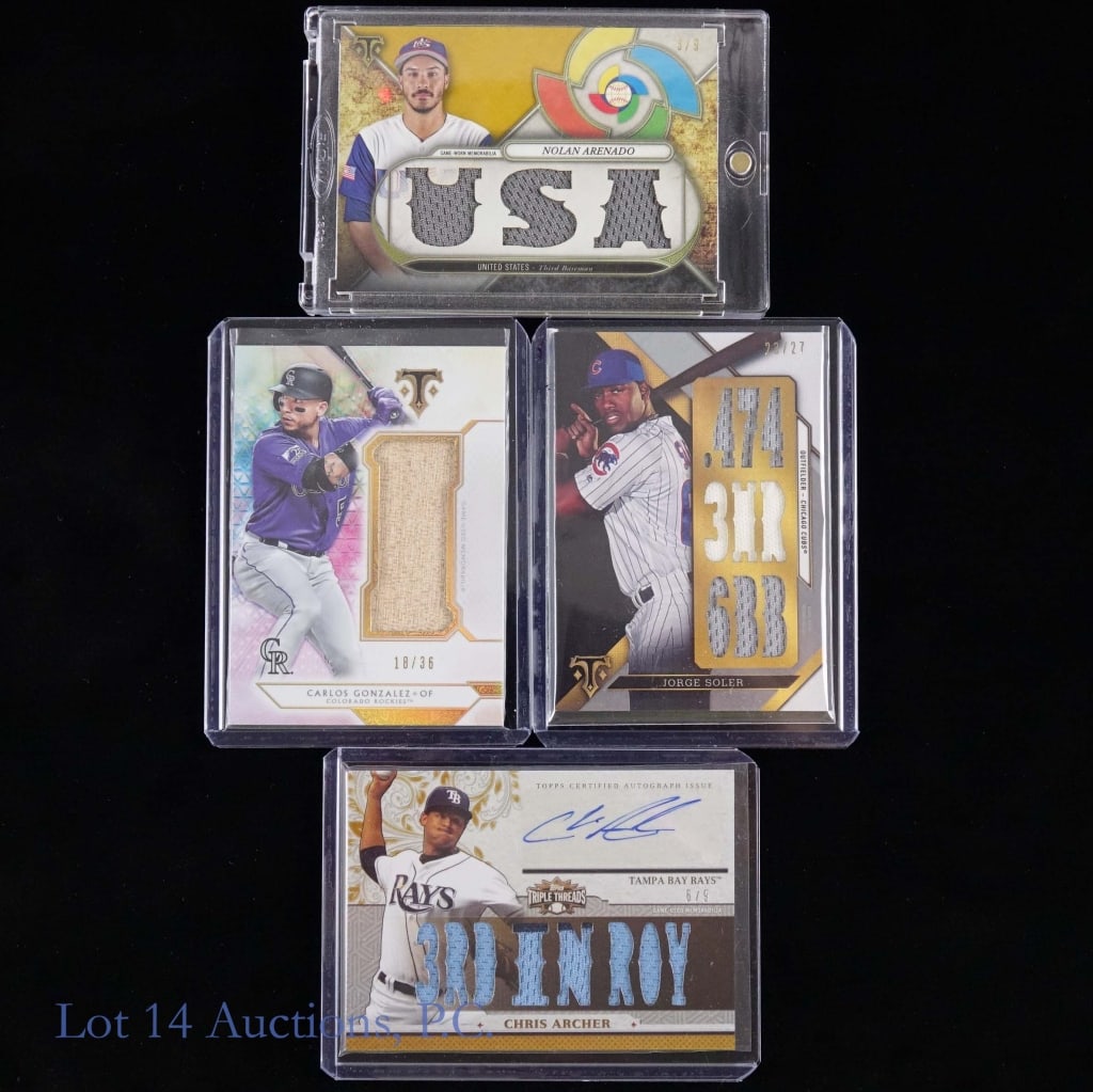 Insert Baseball Cards (4): Four (4) insert baseball cards: 2017 Topps World Baseball Classic Tournament #WBCR-NA Nolan Arenado jersey card (3/9) ***** 2016 Topps Triple Theads Relic #TR-JSI Joerge Soler jersey card (23/27)