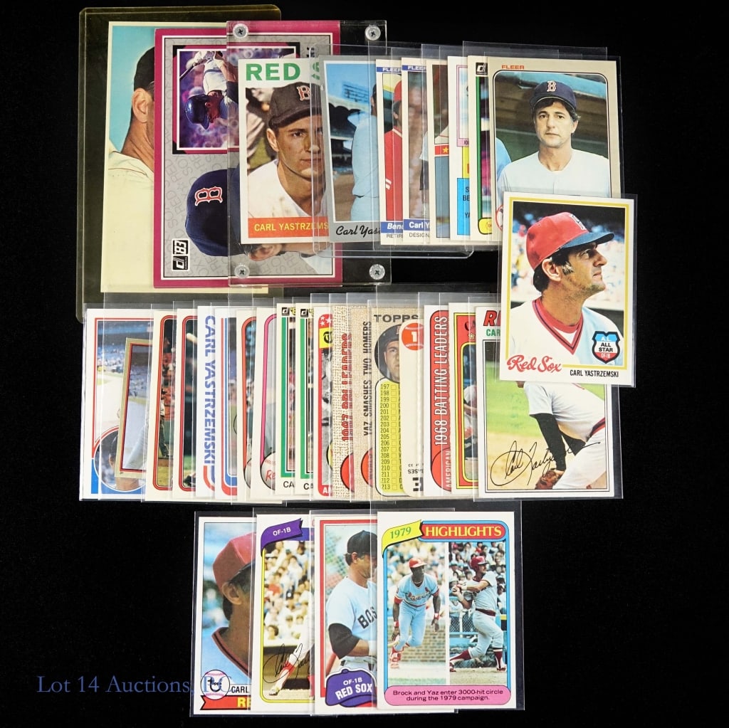 Carl Yastrzemski Baseball Card Collection (33): Thirty-three (33) unique baseball trading cards featuring beloved Boston Red Sox immortal Carl Yastrzemski - ranging from the early 1960s to the early 1980s. Condition varies, but overall they are in 