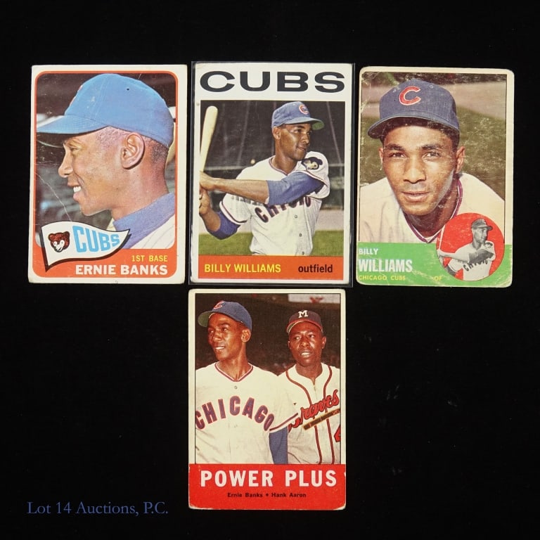 4 1960's HOF Topps Baseball Cards: Four Topps cards of players enshrined in the HOF. 1965 Topps 510 of Ernie Banks *** 1964 Topps 175 of Billy Wiliams *** 1963 Topps 353 of Ernie Banks *** 1963 Topps 242 Power Plus with Ernie BAnks