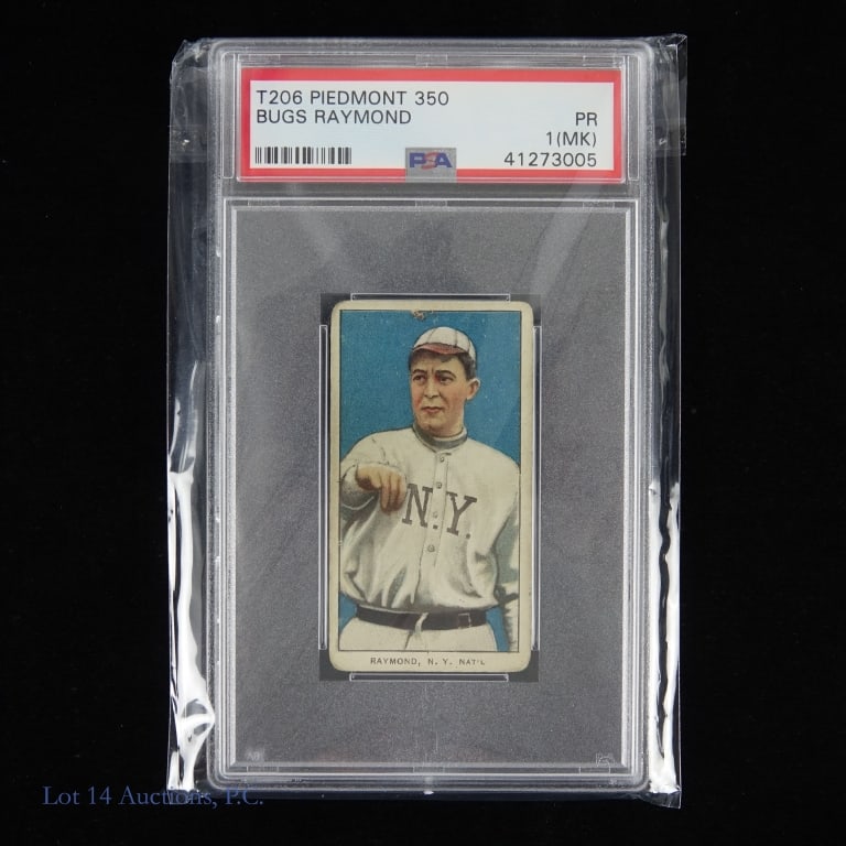T206 Bugs Raymond Baseball Card (PSA): T206 Piedmont 350 Bugs Raymond (New York Giants) tobacco baseball card. Graded by PSA as Poor 1 (Marked). PSA s/n 41273005. Believed to have been issued in 1910.