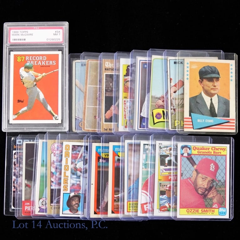 Baseball Cards 1960s - 90s (22): Twenty-two (22) baseball cards. Highlights include: 1967 Topps #215 Ernie Banks (rough and off-center) *** 1962 Topps #312 Spahn shows No-Hit Form (very rough, off-center) *** 1962 Topps #391 Bill Maz