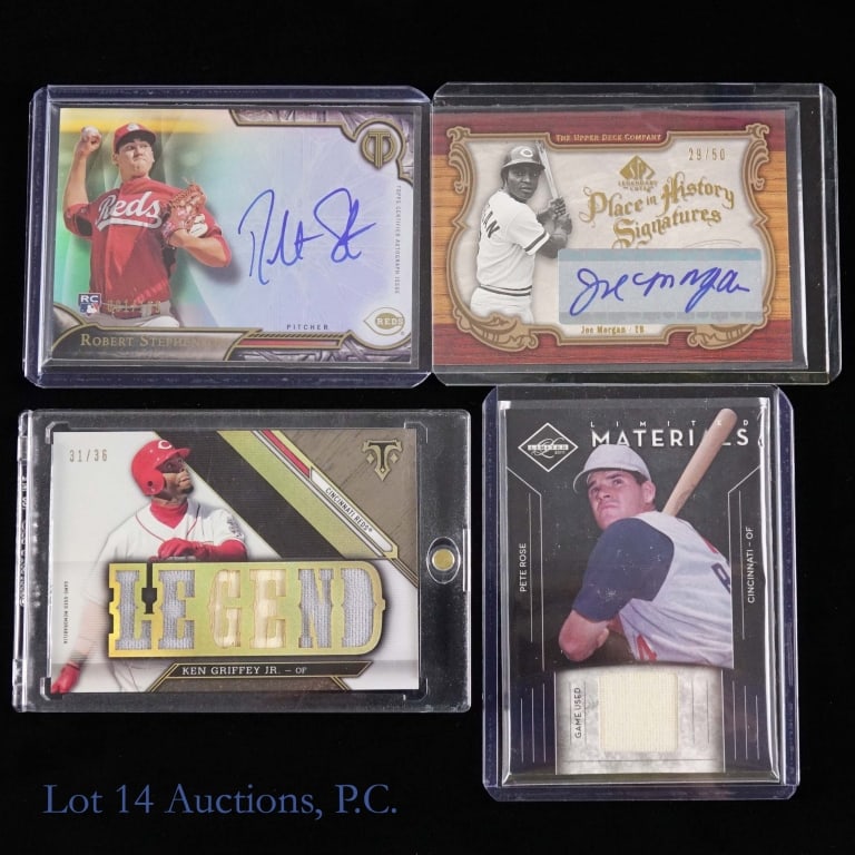 Insert Cincinatti Reds Baseball Cards (4): Four (4) insert baseball cards featuring members of the Cincinnati Reds: 2006 Upper Deck Place in History #PH-JO Joe Morgan autograph card (29/50) *** 2012 Panini Limited Materials No. 14 Pete Rose