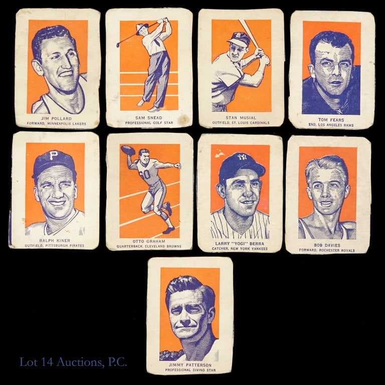 1952 Wheaties Hand Cut Sports Cards (12): Twelve (12) 1952 hand-cut Wheaties sports cards. Condition varies. These are all hand-cut, with varied skill in cutting. Larry "Yogi" Berra (MLB, New York Yankees) *** Bob Davies (NBA, Rochester