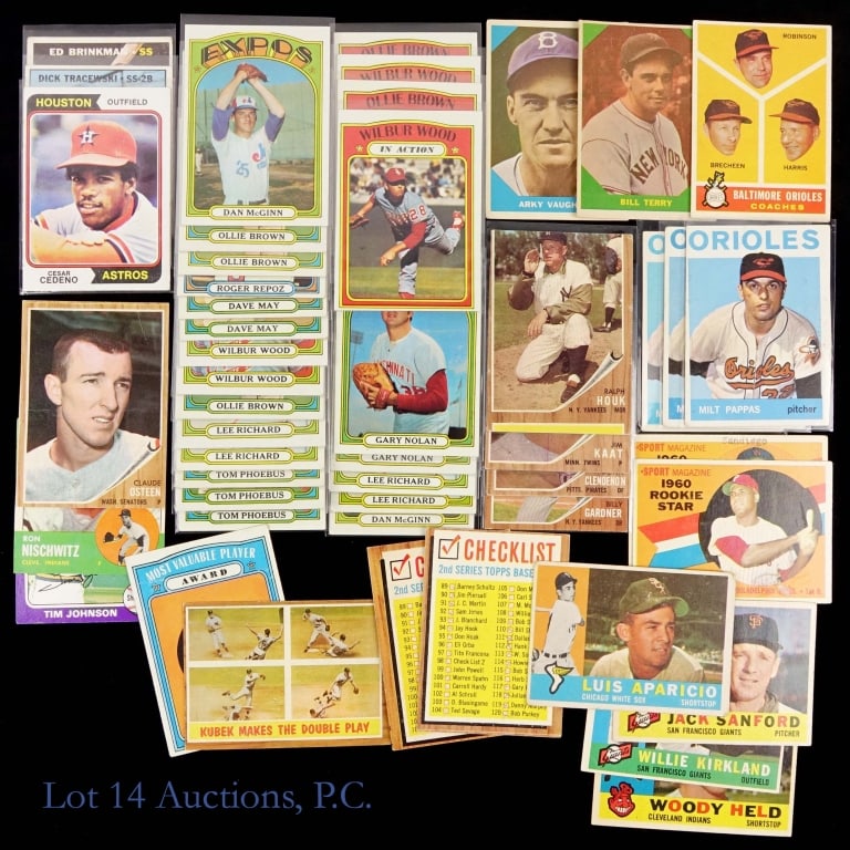 1960's & 1970's Baseball Cards (49): Collection of 49 baseball cards from the 1960's and 1970's Included are 2 cards from the 1960 Fleer set (#11 Arky Vaughn and #53 Bill Terry) *** 7 cards from the 1960 Topps issue including #240 Luis