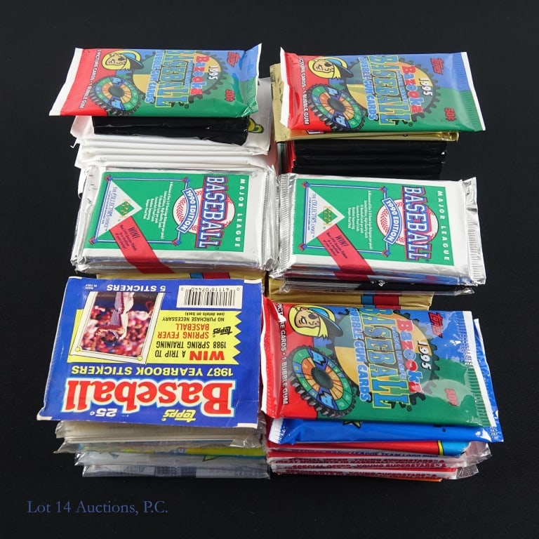 Factory Sealed Baseball Card Packs: One 1988 Topps Rack pack (Gary Carter All-Star card showing - some damage to plastic near top) ***** One pack of five 1987 Topps baseball yearbook stickers ***** One pack 1988 Donruss ***** Four