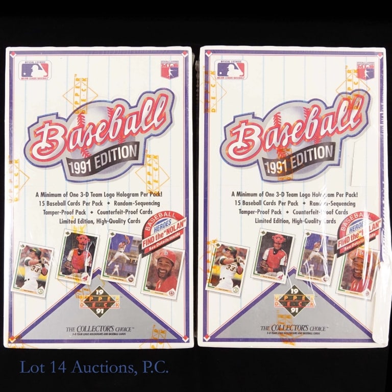 1991 Upper Deck Fac Seal Baseball Card Wax Box (2): Two (2) factory sealed 1991 Upper Deck baseball card wax boxes. One box has a side flap tucked over the lid during the sealing process.