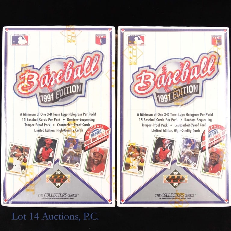 1991 Upper Deck Fac Seal Baseball Card Wax Box (2): Two (2) factory sealed 1991 Upper Deck baseball card wax boxes. One box has very slight damage at one corner of the lid.
