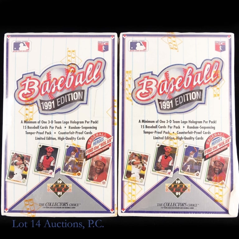 1991 Upper Deck Fac Seal Baseball Card Wax Box (2): Two (2) factory sealed 1991 Upper Deck baseball card wax boxes. One box has a side flap tucked over the lid during the sealing process. The other box has slight damage to the corner of the lid.