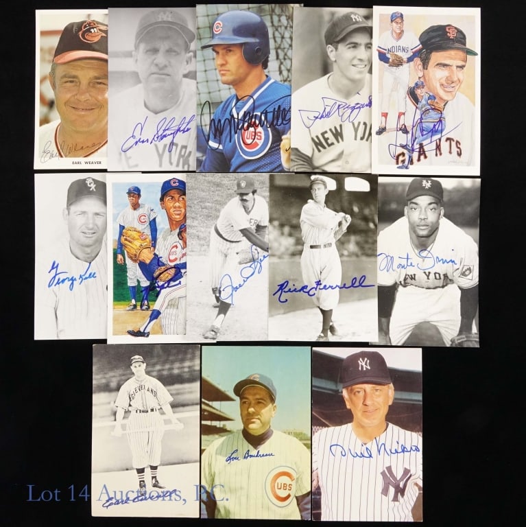 Baseball HOF Signed Postcards (12): *** Per the consigner, these autographs were all gathered in person. There are no COAs. *** Twelve (12) postcards - mostly black & white signed by and featuring the following: Earl Averill ** Lou Boud