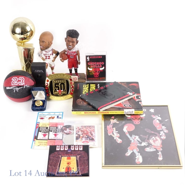 Chicago Bulls Collectibles: Chicago Bulls replica Larry O'Brien trophy with all 6 Championship dates on base with Bulls logo (2004, Marks of Distinction by HK Corp). Our research indicates this was either an SGA or a special