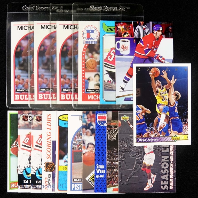NBA Basketball + NHL Hockey Cards - Jordan (17): Seventeen (17) NBA basketball and NHL hockey trading cards. Condition varies. (x3) 1989-90 NBA Hoops #200 Michael Jordan ***** 1989-90 NBA Hoops All-Star Game #21 Michael Jordan **** 1980-81 Topps #15